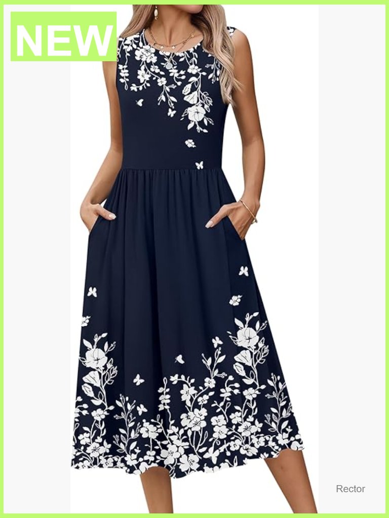 Floral Sleeveless A-Line Midi Dress With Pockets For Summer